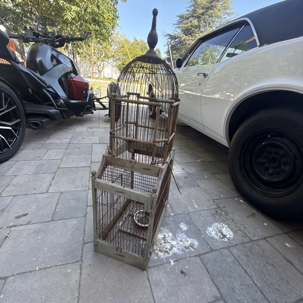 VTG VICTORIAN CATHEDRAL BIRD CAGE WOOD & WIRE MID CENTURY DOME BIRD CAGE 34X14X9